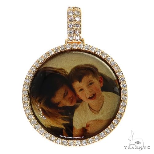 Yellow gold round photo pendant with sparkling diamonds surrounding a custom picture