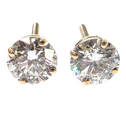Yellow gold 1 carat round lab diamond stud earrings with four-prong setting
