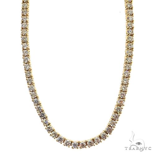 Yellow gold diamond tennis chain necklace with round-cut stones in a classic setting