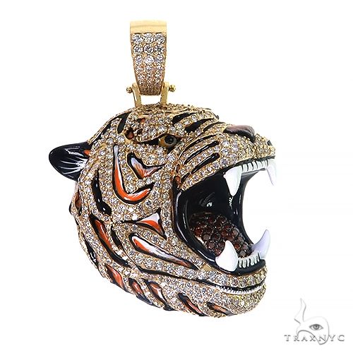 Yellow gold tiger head pendant with diamonds and black enamel detailing, roaring design