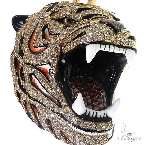 14K Gold Diamond Tiger Head Pendant, photo 3 of 6