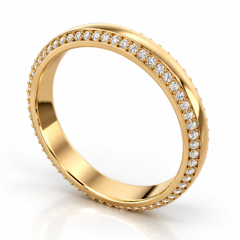 14K yellow gold Diamond Border Wedding Band featuring two rows of round lab grown diamonds along beveled borders, a polished gold center, and a 3.50mm comfort-fit band