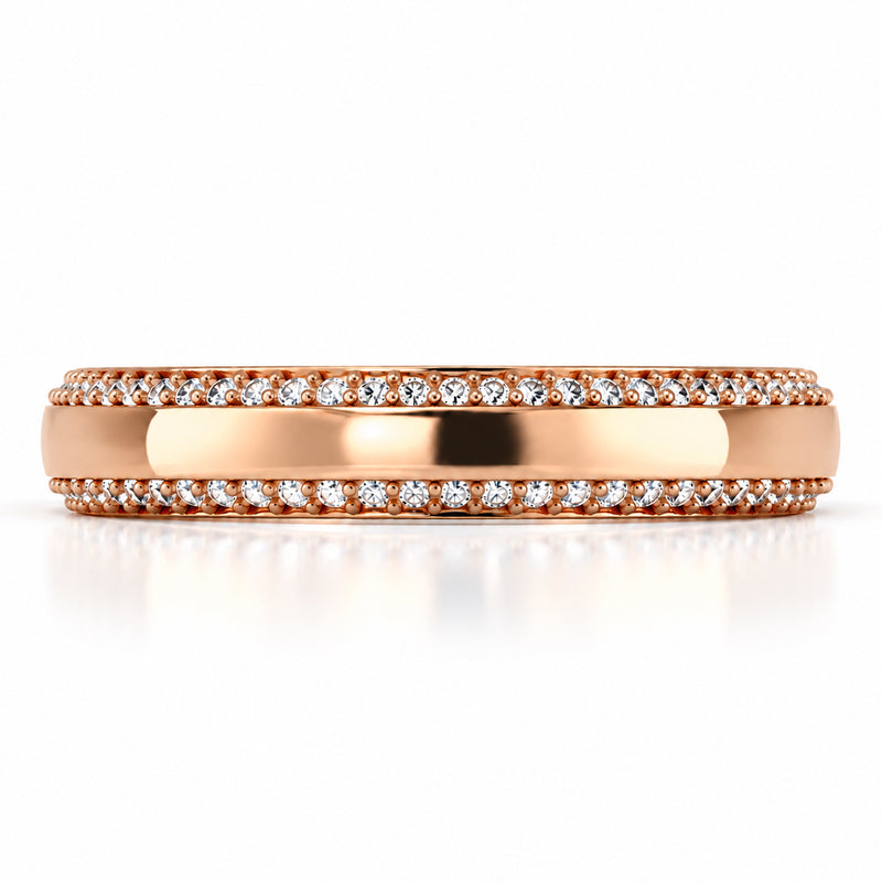 14K rose gold Diamond Border Wedding Band featuring two rows of round lab grown diamonds along beveled borders, a polished gold center, and a 3.50mm comfort-fit band