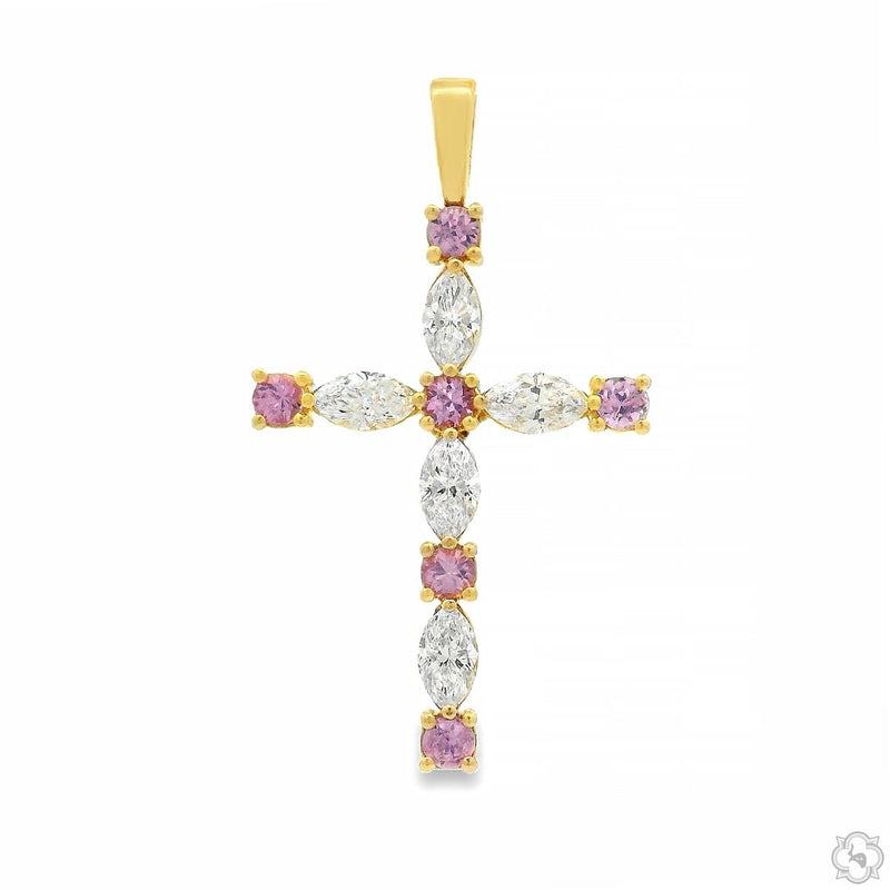 Yellow gold cross pendant with marquise diamonds and pink sapphire gemstones
