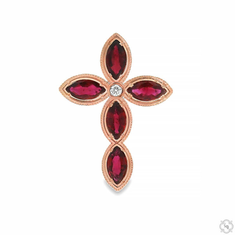 Rose gold marquise cross pendant with four red gemstones and a central diamond accent