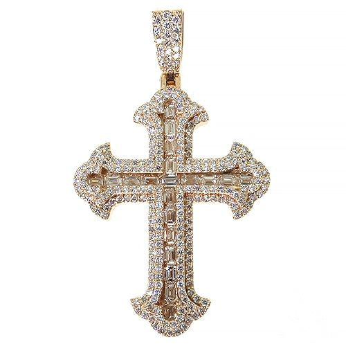 Yellow gold cross pendant with emerald-cut diamond and pavé diamond accents