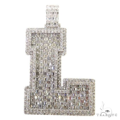Emerald cut diamond initial pendant in white gold with pave diamond detailing