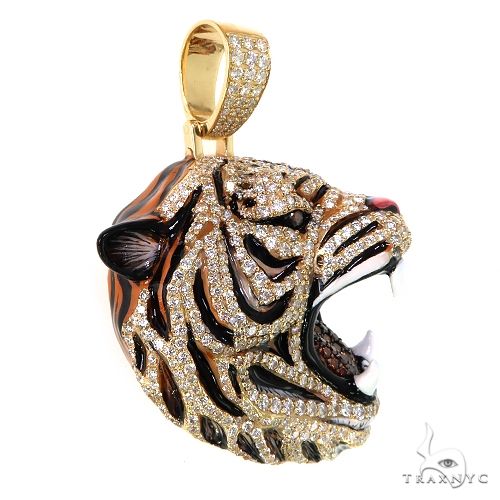14K Gold Enameled Tiger Head Diamond Pendant, photo 2 of 7