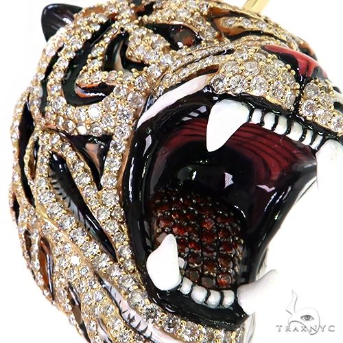 14K Gold Enameled Tiger Head Diamond Pendant, photo 3 of 7