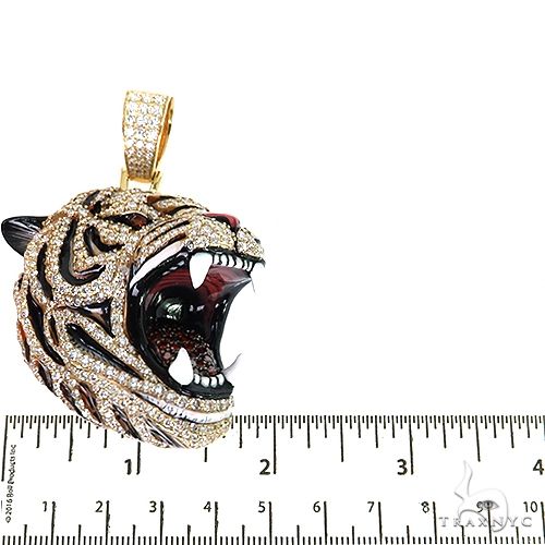 14K Gold Enameled Tiger Head Diamond Pendant, photo 5 of 7