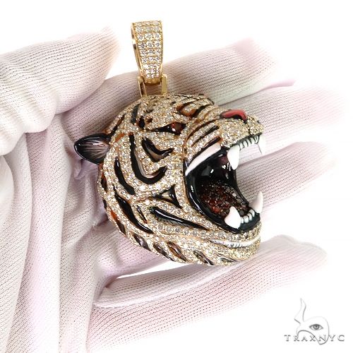 14K Gold Enameled Tiger Head Diamond Pendant, photo 7 of 7