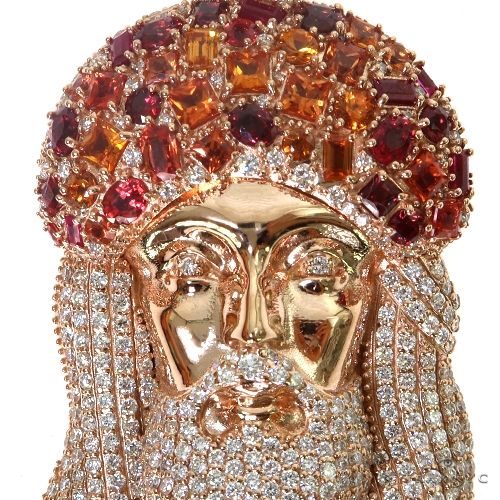 14K Gold Kindle Fire Jesus Sapphire Crown Diamond Pendant, photo 3 of 7