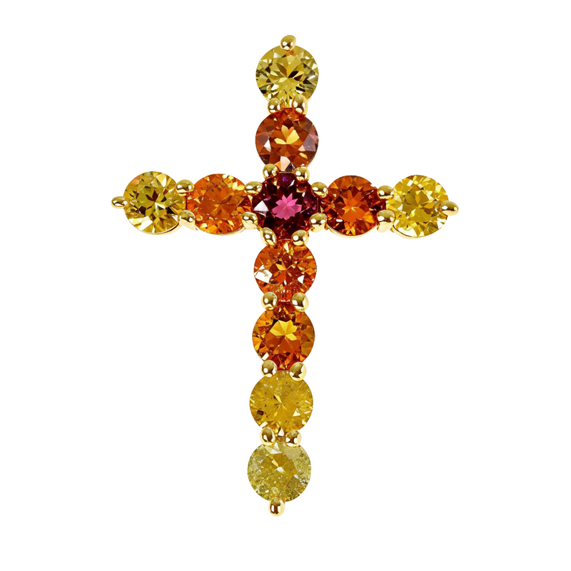 Cross pendant with round orange and yellow fire sapphire gemstones in gold setting