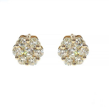 Yellow gold flower-shaped cluster diamond stud earrings with round brilliant diamonds.