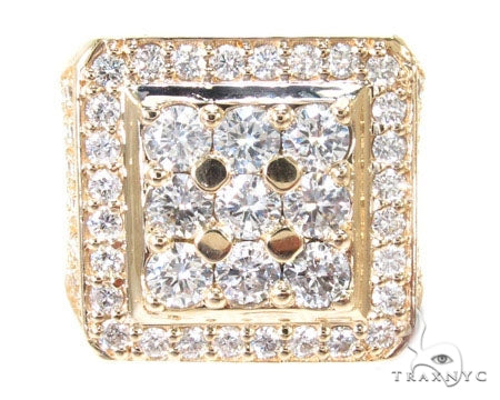 Yellow gold men's ring with square diamond cluster and pavé diamond band