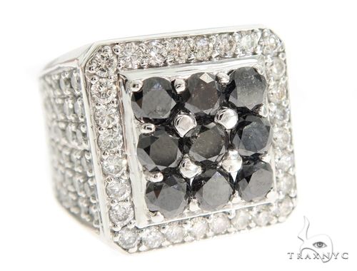 Men's black and white diamond ring in 10k white gold – round-cut two-tone stone setting, front angle