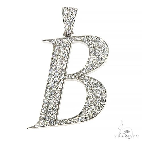 Diamond initial B pendant in white gold – fully iced pavé letter, front view