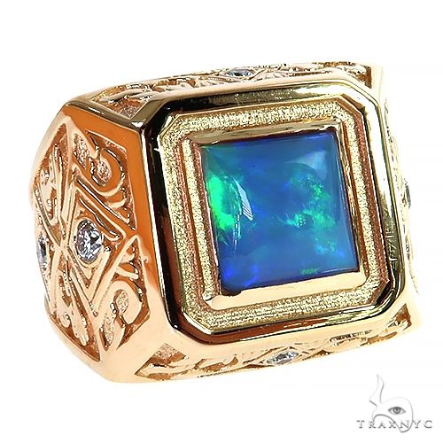 Yellow gold men's ring with square blue-green opal and diamond accents