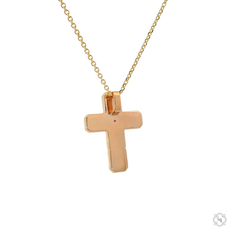 Rose gold cross pendant with garnet gemstone on delicate chain for men and women