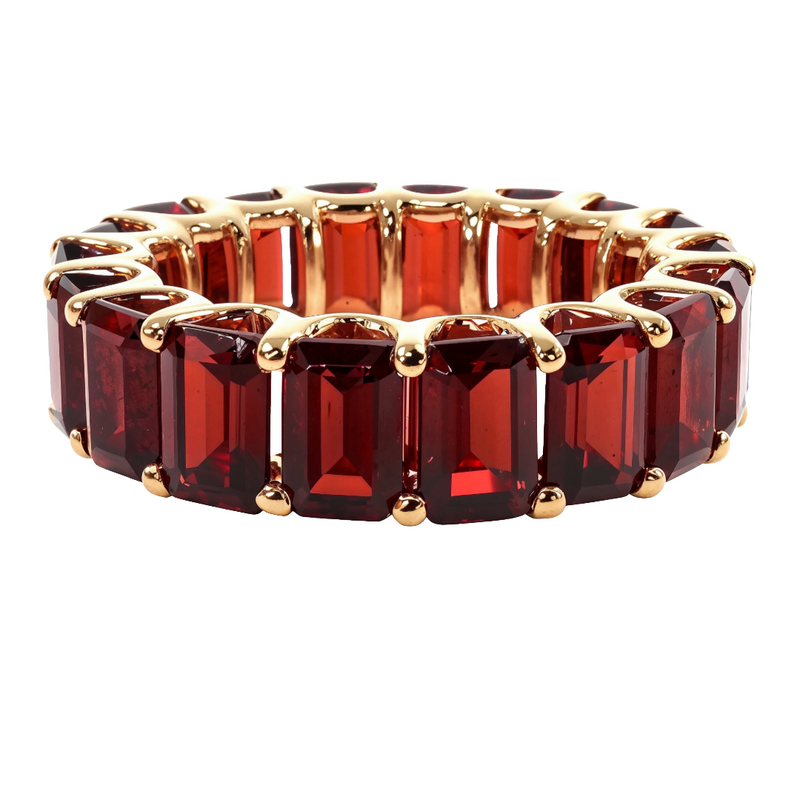 Yellow gold eternity ring with rectangular garnet emerald-cut gemstones