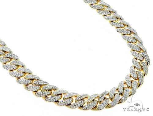 Yellow gold Miami Cuban chain with 15mm diamond-encrusted iced links, 30 inches long