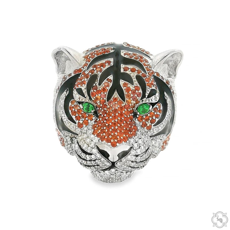 Gold tiger head ring with orange and black enamel and green gemstone eyes