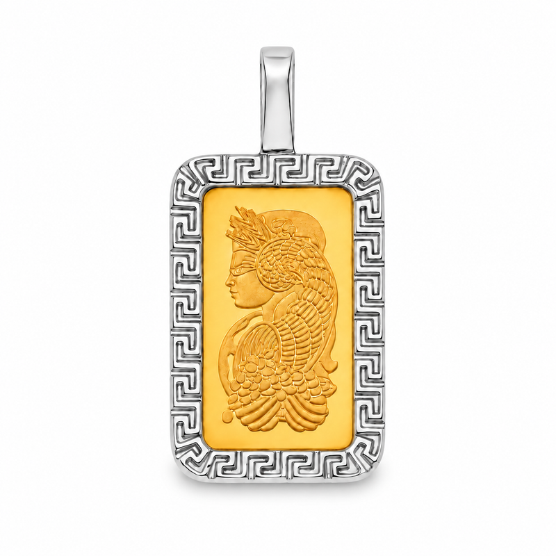 Greek Inspired Dog Tag Pendant with 2.5g PAMP Suisse Bar in 14K gold, view 3