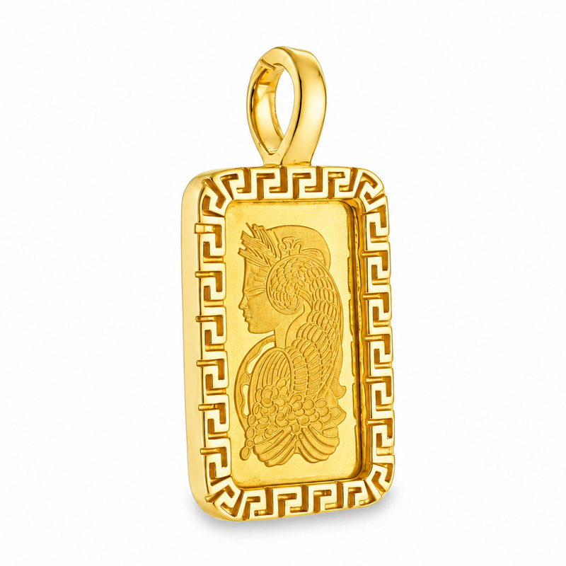 Greek Inspired Dog Tag Pendant with 2.5g PAMP Suisse Bar in 14K gold, view 5