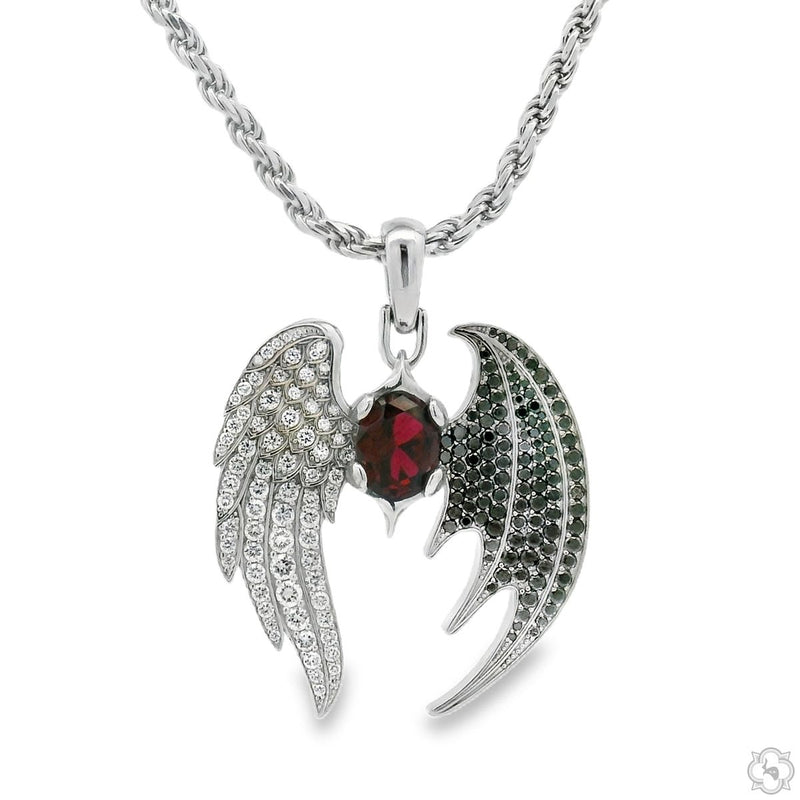 Silver pendant with one angel wing, one black diamond bat wing, and red gemstone center on chain