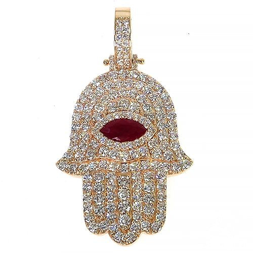 Hamsa diamond pendant with round cut diamond pave coverage, front-facing view