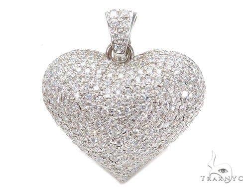 Heart diamond pendant in 18k white gold with prong-set round diamonds, front view