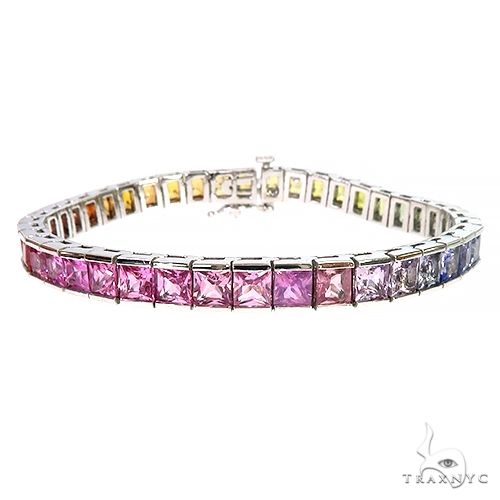 Rainbow princess cut sapphire bracelet in white gold setting with square gemstones