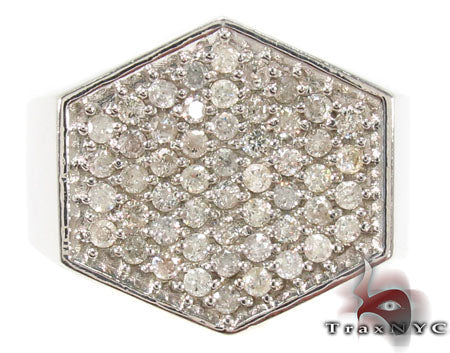 Hexagon silver men's ring with multiple small diamonds in a pave setting