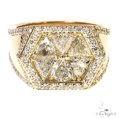 Yellow gold ring with hexagon trillion cut diamonds and diamond accents on band