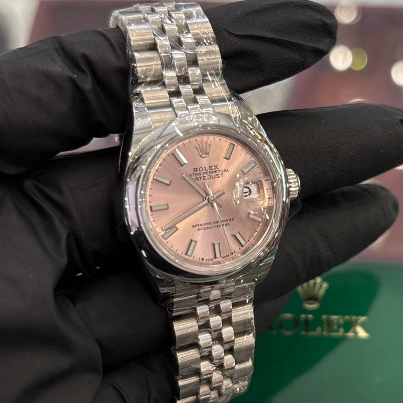 Rolex DateJust 28mm Oystersteel watch with pink dial and Jubilee bracelet