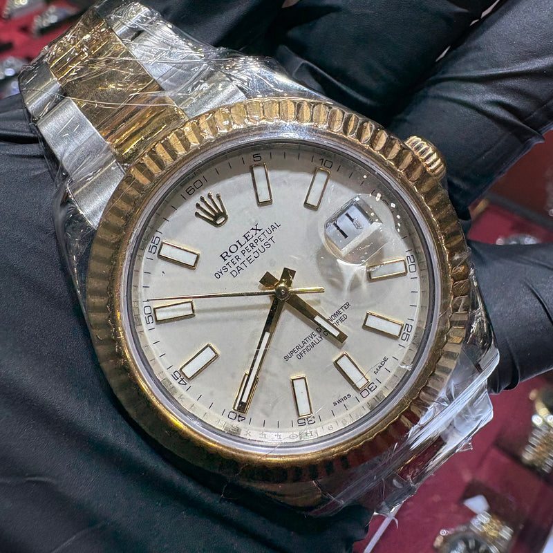 Rolex Datejust 41mm in two tone Oystersteel and 18K yellow gold with a white stick dial and fluted bezel, ref 116333