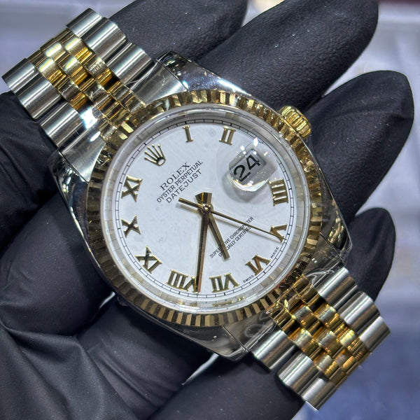 Rolex 36mm Datejust | Two Tone Yellow Gold | White Roman Dial