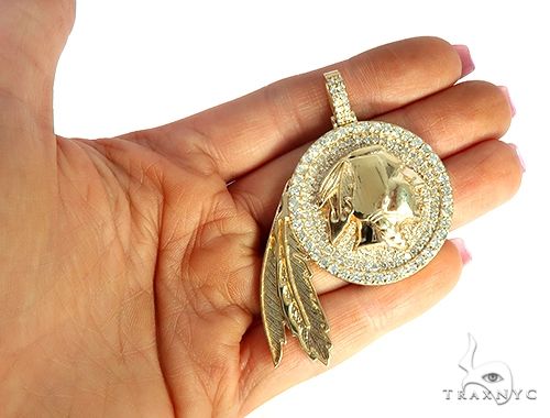14K Gold Native American Indian Head Diamond Pendant, photo 5 of 7