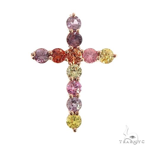 Multicolored gemstone cross pendant with round sapphire gems in rose gold setting