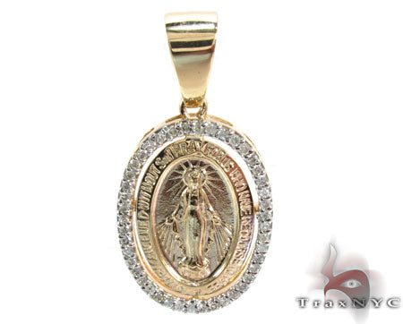 Virgin Mary halo diamond pendant in 14k yellow gold – front view showing round-cut diamond halo setting