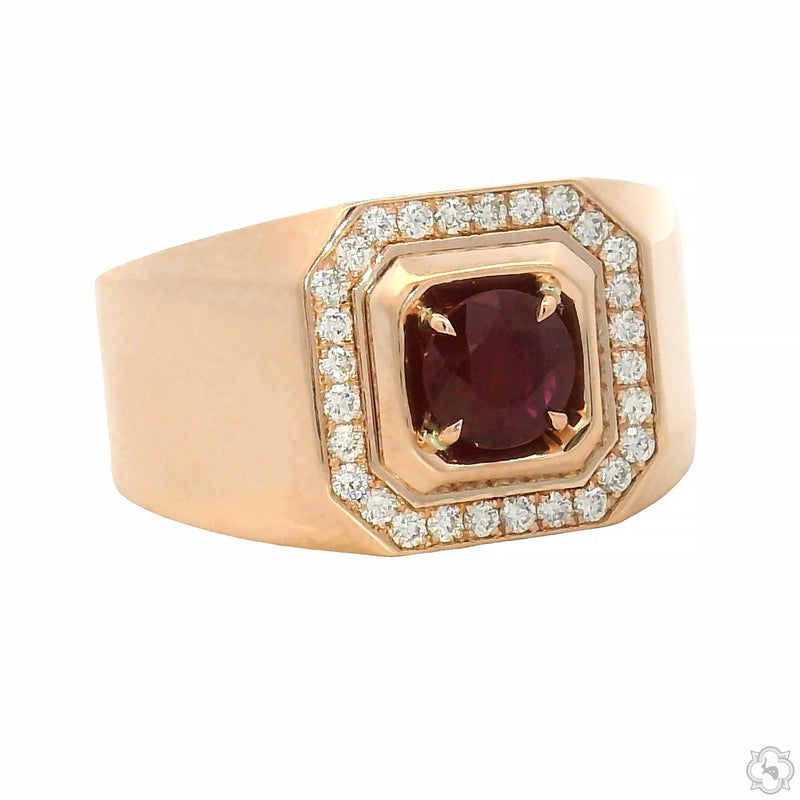 Rose gold men's ring with square ruby center surrounded by small diamonds