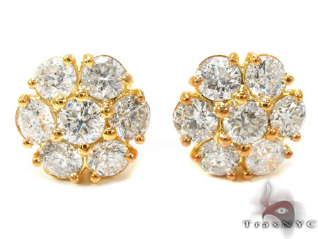 Large 14K yellow gold blossom stud earrings with prong-set diamonds