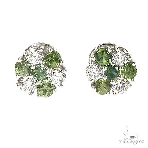 Forest green sapphire and diamond cluster flower stud earrings in white metal setting