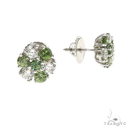 14K Gold Large Forest Green Diamond Sapphire Flower Earrings, photo 2 of 3