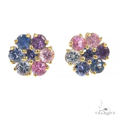 Large flower cluster earrings with pink and blue sapphire gemstones in gold setting