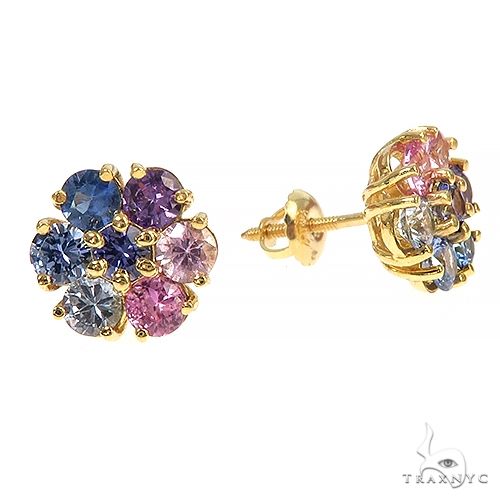 14K Gold Large Pink and Blue Sapphire Flower Earrings, photo 2 of 3