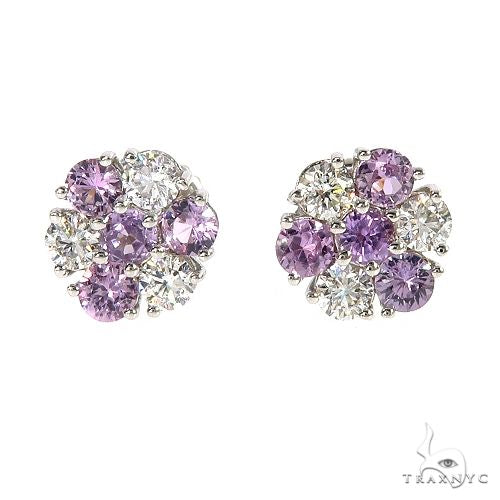 Lilac and white sapphire diamond cluster flower stud earrings in white metal setting