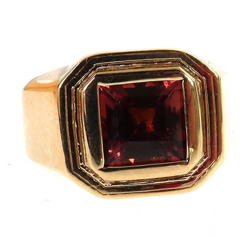 Yellow gold men's ring with square pink tourmaline and stepped bezel design