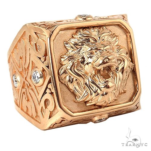 Bold rose gold ring with detailed roaring lion head and diamond accents on ornate band