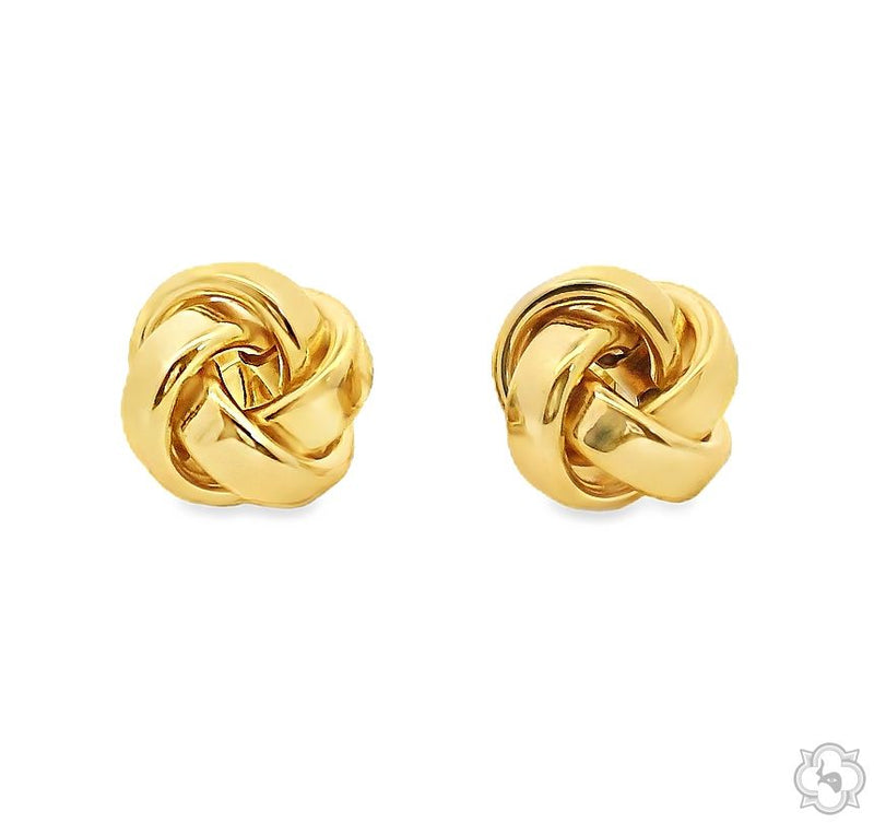 Love knot earrings in polished gold – smooth continuous loop silhouette, stud profile, front view